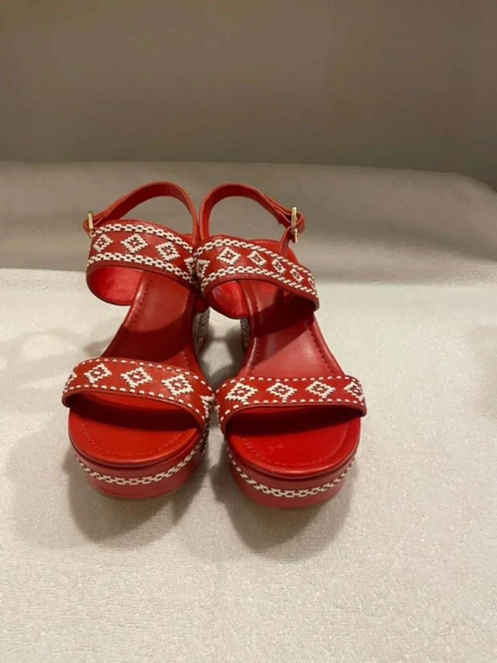 Tory Burch Womens Reena Sandals Size 10 Red Leather White Woven Wedge Platform